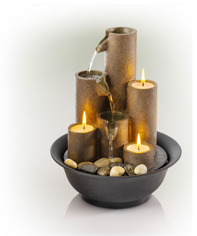 11" Tall Indoor Tiered Column Tabletop Fountain with 3 Candles