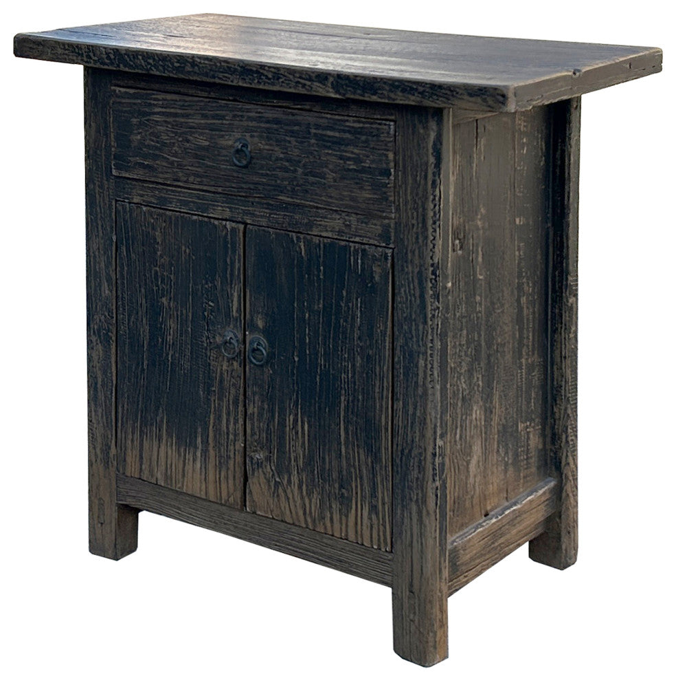 Distressed Rustic Black Rough Grain Wood Side Table Nightstand Cabinet Hws4315