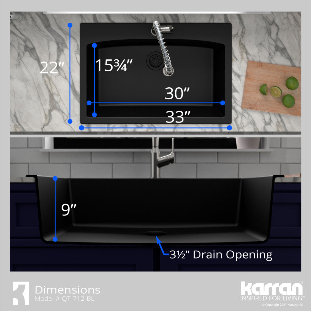Karran Drop-In Quartz Composite 33" 1-Hole Single Bowl Kitchen Sink Kit, Black