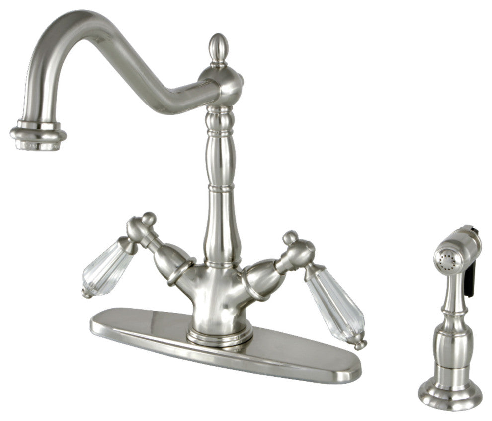 Kingston Brass Mono Deck Mount Kitchen Faucet With Brass Sprayer, Brushed Nickel