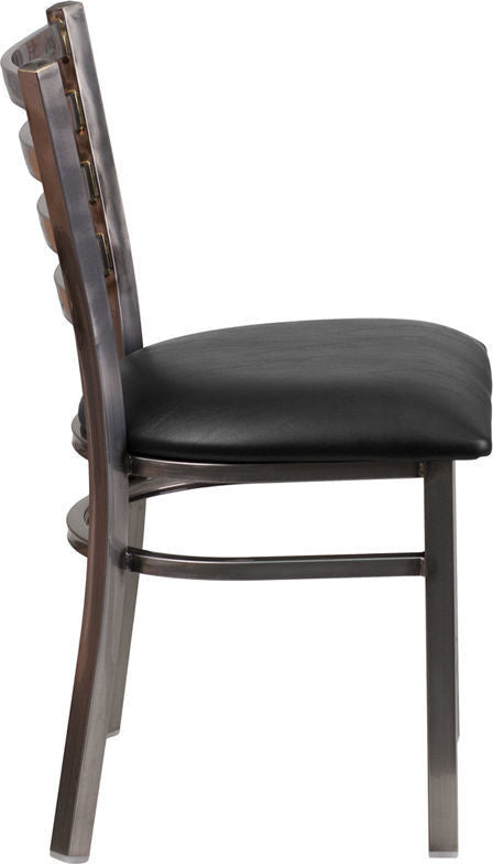 Clear Coated Ladder Back Metal Restaurant Chair, Black Vinyl Seat