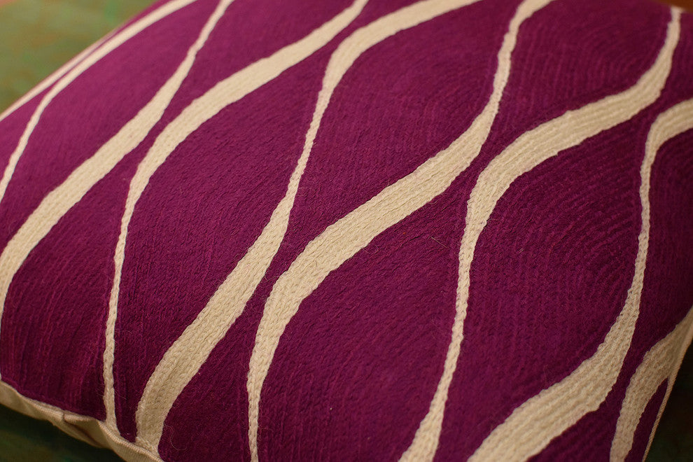 Contemporary Waves Tyrian Purple Decorative Pillow Cover Handmade Wool 18x18"