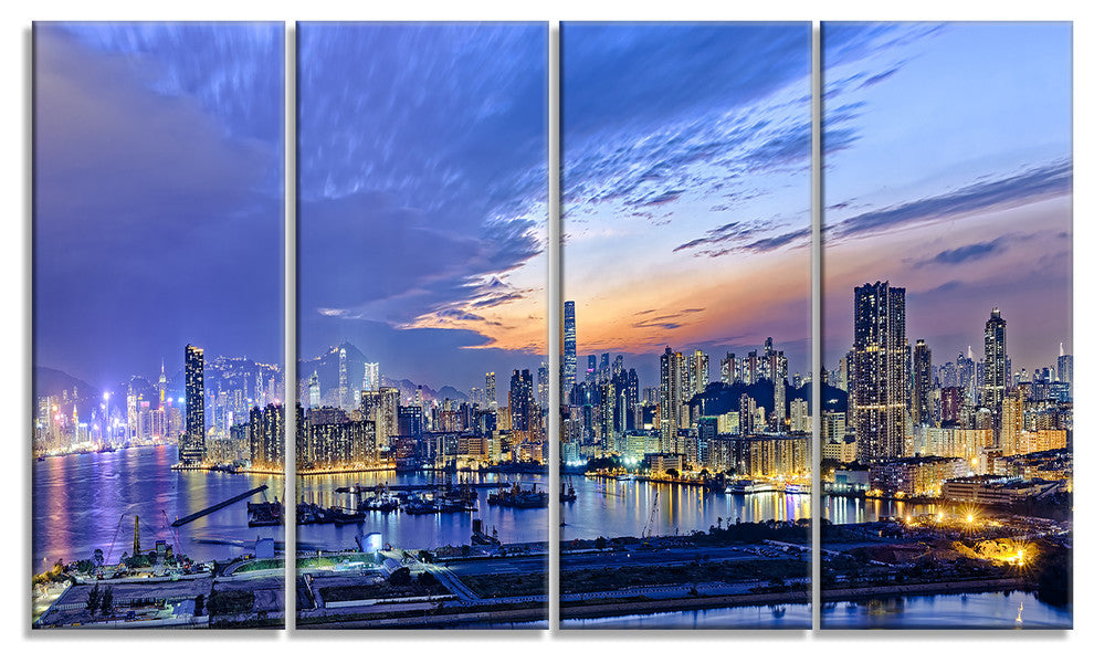 "Hong Kong City Sunset Panorama" Cityscape Artwork Canvas, 4 Panels, 48"x28"