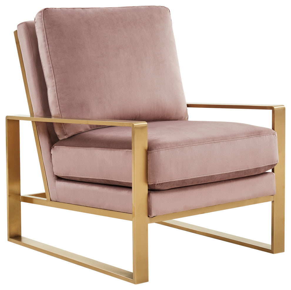 LeisureMod Jefferson Velvet Accent Armchair With Gold Frame, Pink