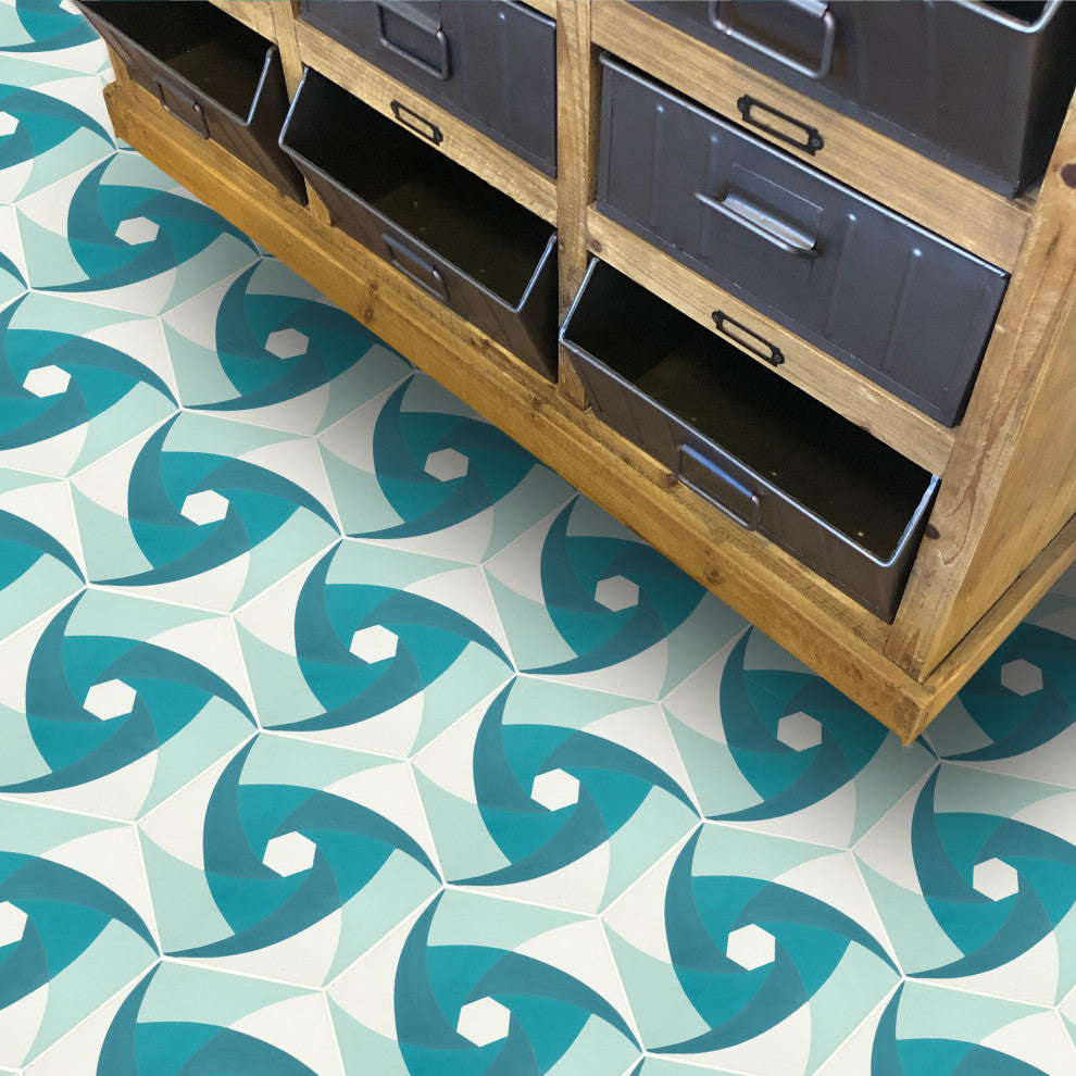 8"x9" Menara Handmade Cement Tiles, Set of 12, Aqua Blue, White