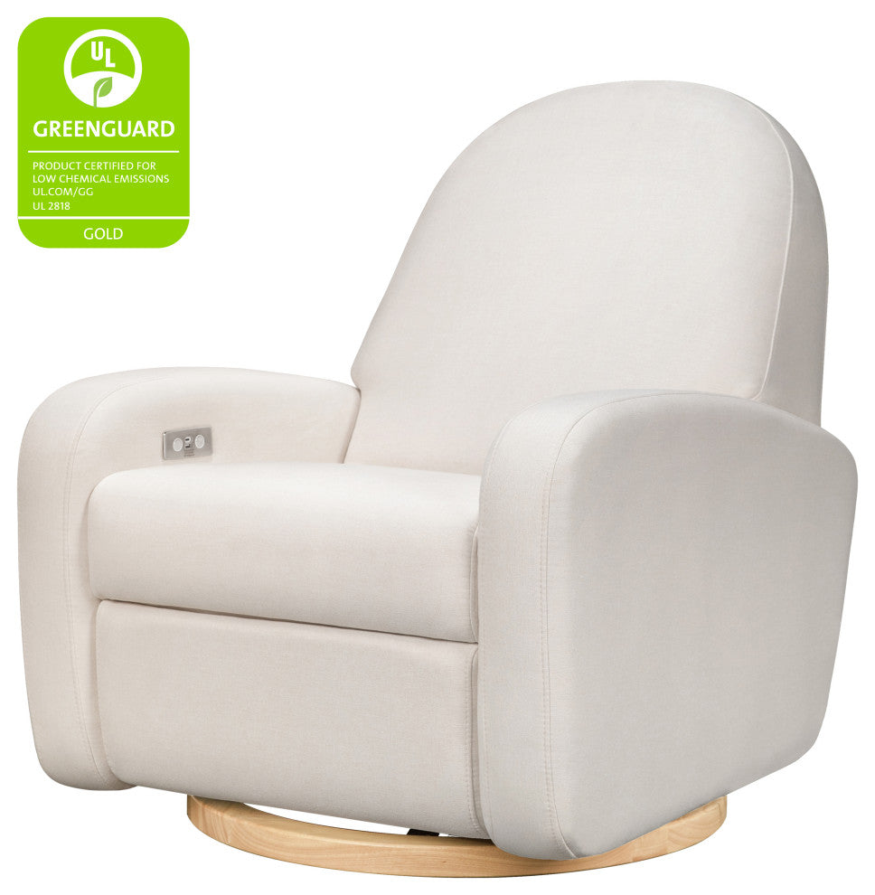 Nami Electronic Recliner and Swivel Glider Recliner, Boucle With USB port, Performance Cream Eco-Weave With Light Wood Base