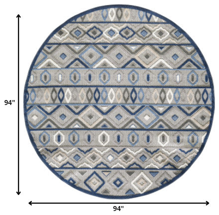 8' Round Blue And Gray Round Abstract Stain Resistant Indoor Outdoor Area Rug