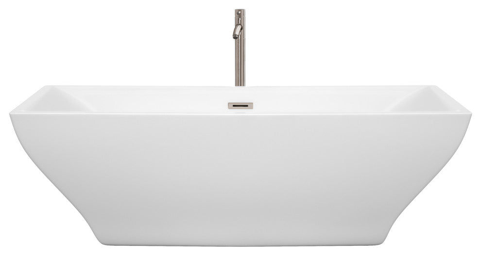 Maryam 71" Freestanding White Bathtub, Brushed Nickel Tub Filler & Trim Kit