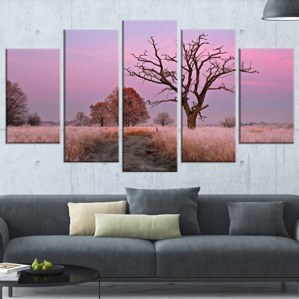 "Fairy Autumn Sunrise With Lonely Tree" Landscape Wall Art, 5 Panels, 60"x32"