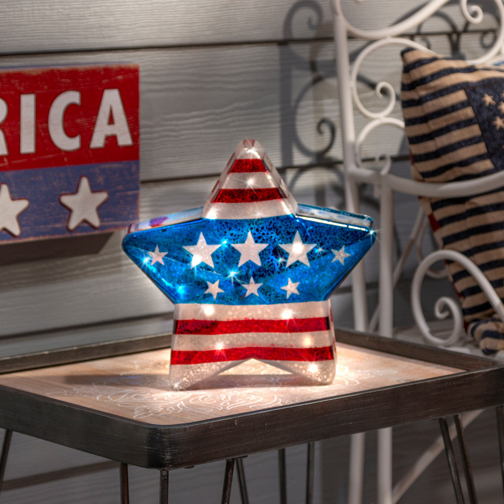 Set of 2 Battery-Operated Mercury Glass Americana Stars With Timer Feature