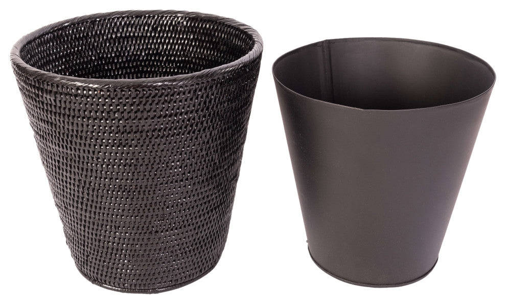Artifacts Rattan Round Tapered Waste Basket With Metal Liner, Tudor Black