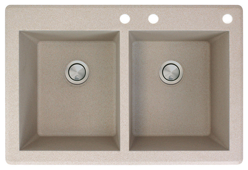 Radius 33" silQ Granite Double Bowl Kitchen Sink with 3 Holes in Cafe Latte