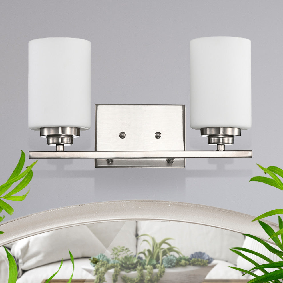 2-Light Brushed Nickel Vanity Lights With White Etched Glass Shades
