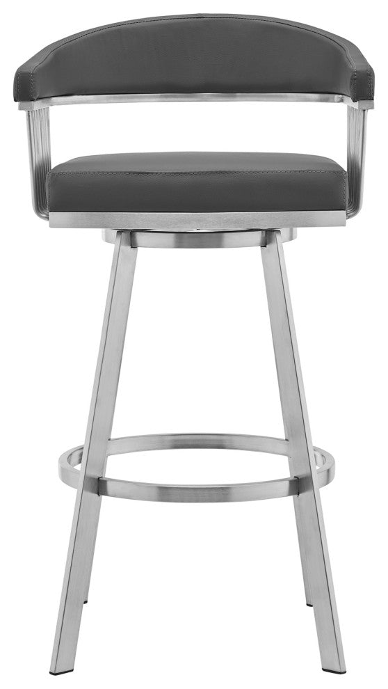 Chelsea Gray Faux Leather and Brushed Stainless Steel Swivel Bar Stool, 26 Inch