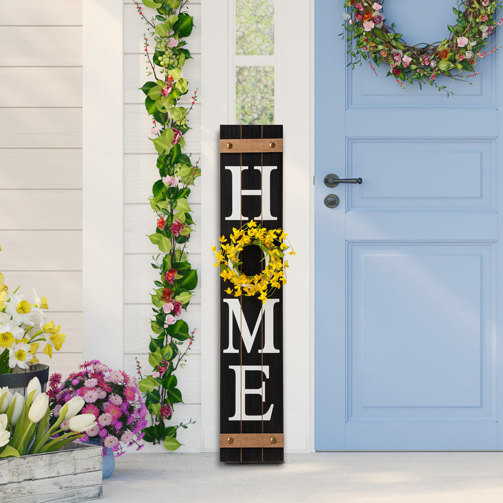 42"H Spring Wooden "HOME" Black Porch Sign With Wreath