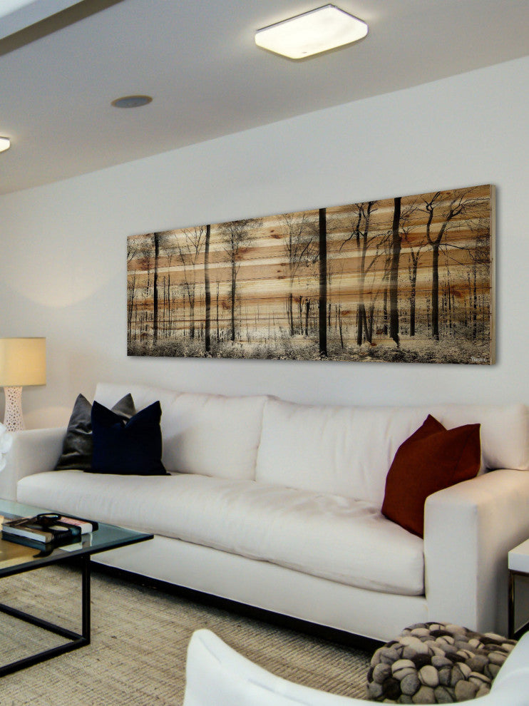 "Panoramic Forest" Painting Print on Natural Pine Wood, 60"x20"