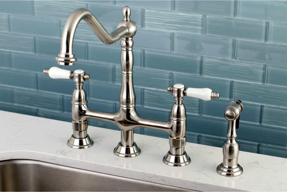 Kingston Brass Bridge Kitchen Faucet With Brass Sprayer, Brushed Nickel