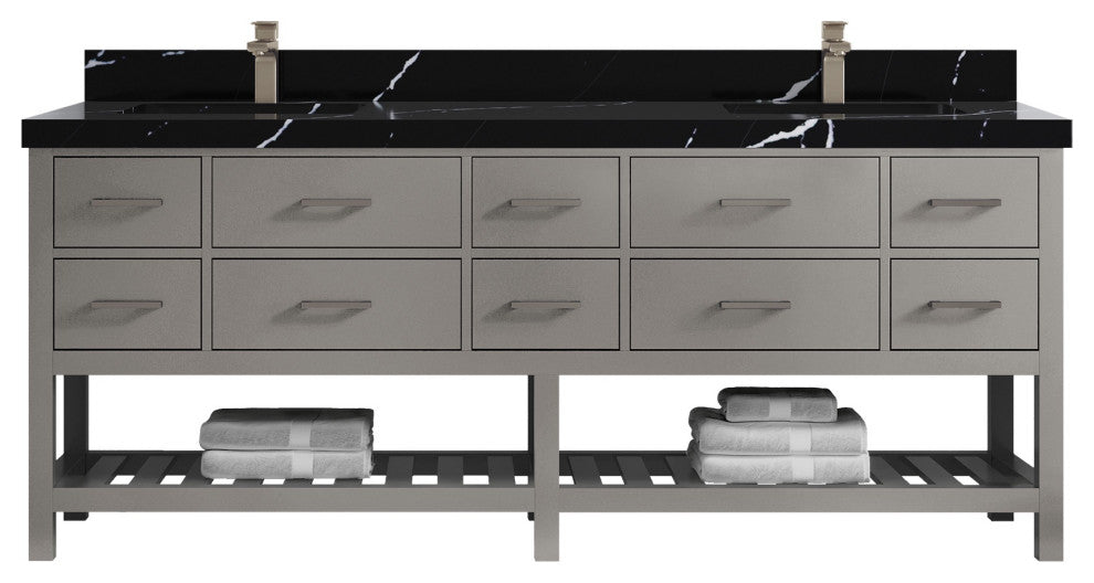 Parker 84" Double Sink Bath Vanity, Elephant Skin Gray 2" Calacatta Black