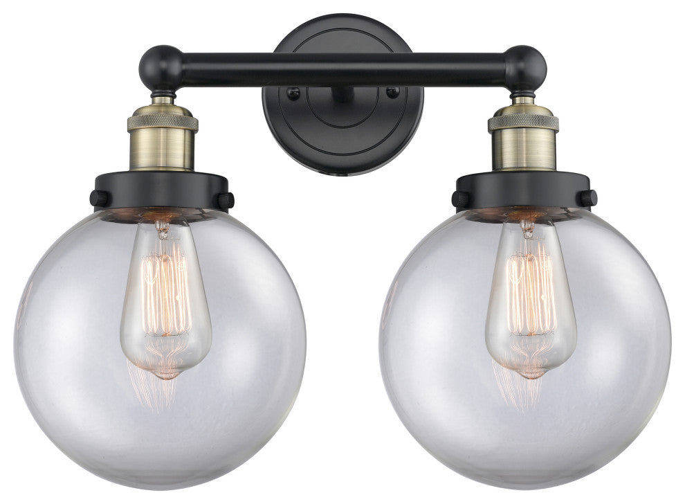 Edison Large Beacon 2-Light 16" Vanity Light, Black Antique Brass, Clear Shade