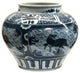 Vintage Blue White Mythical Graphic Fat Body Porcelain Vase Jar