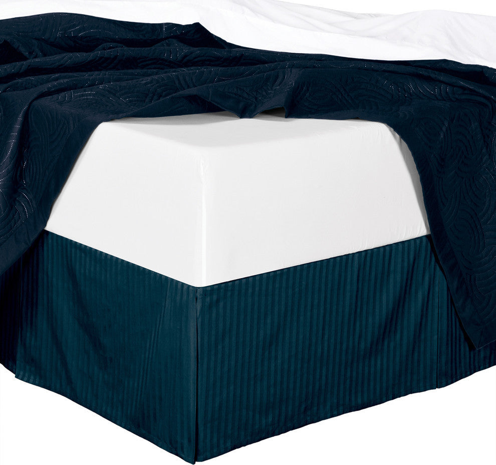 Cotton Split Corners Stripe 14" Drop Bed Skirt, Navy, Queen