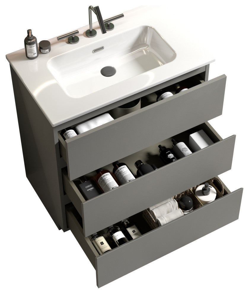 Freestanding Bathroom Vanity Set with White Ceramic Sink Basin, Gray, 30"
