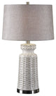 Embossed Ivory White Table Lamp, Tribal Lattice Pattern Rustic Textured