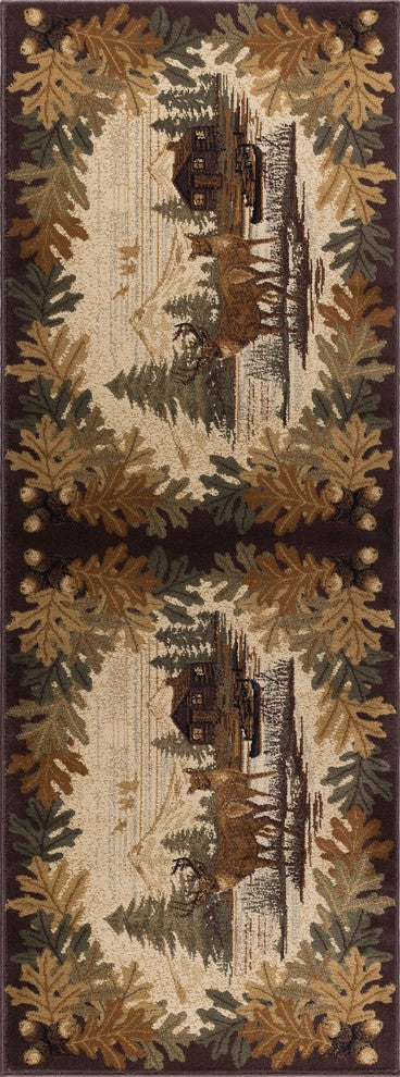 Oak Deer Novelty Lodge Pattern Brown Runner Rug, 2.7'x7'
