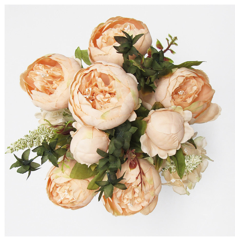 Artificial Blush Peach Mixed Peony Hydrangea Flower Stem Bush Bouquet 19"