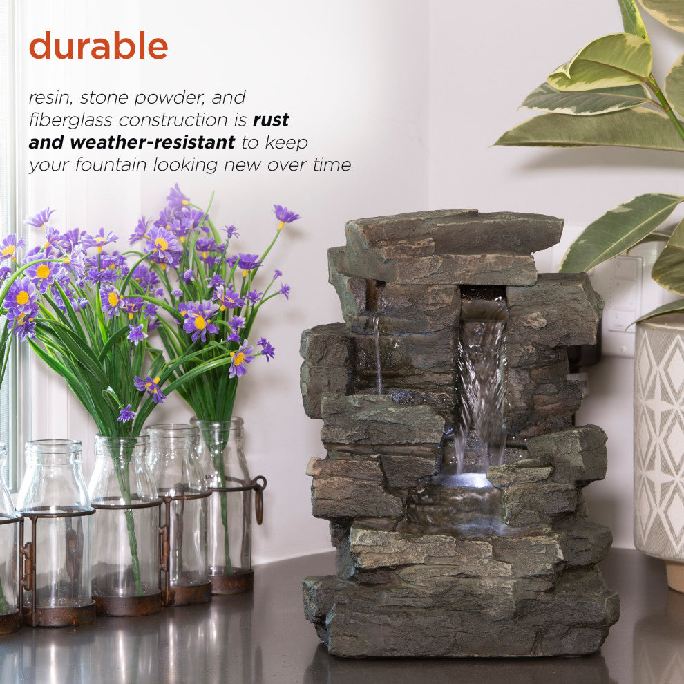 13" Tall Indoor 4-Tier Cascading Tabletop Fountain with LED Lights, Gray