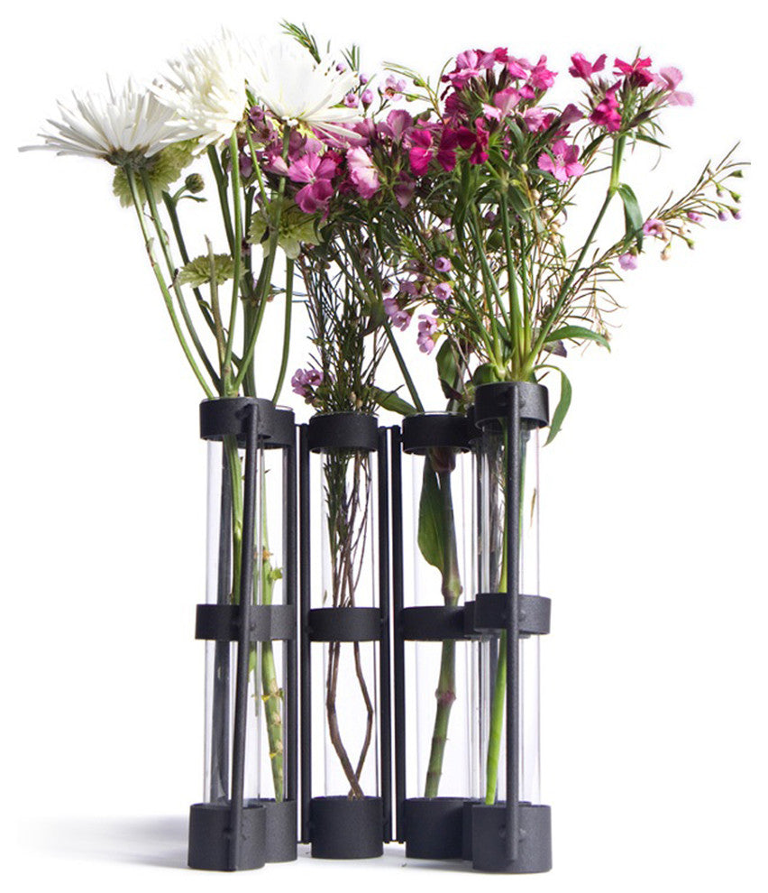 6-Tube Hinged Vases on Rings Stands, Antique Black