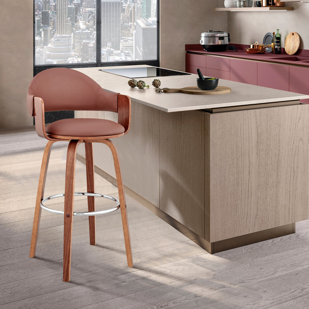 Daxton Faux Leather and Wood Bar Stool, Brown and Walnut, 30"