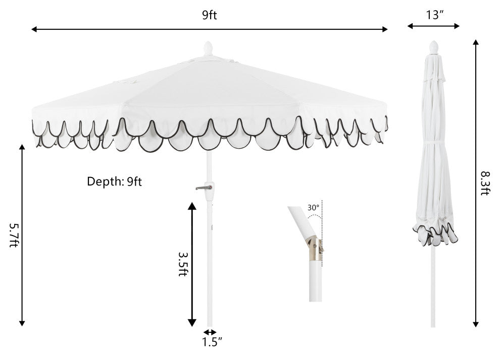9ft Fringe Patio Umbrella Auto-Tilt, Crank, White, 107L x 107W x 99H