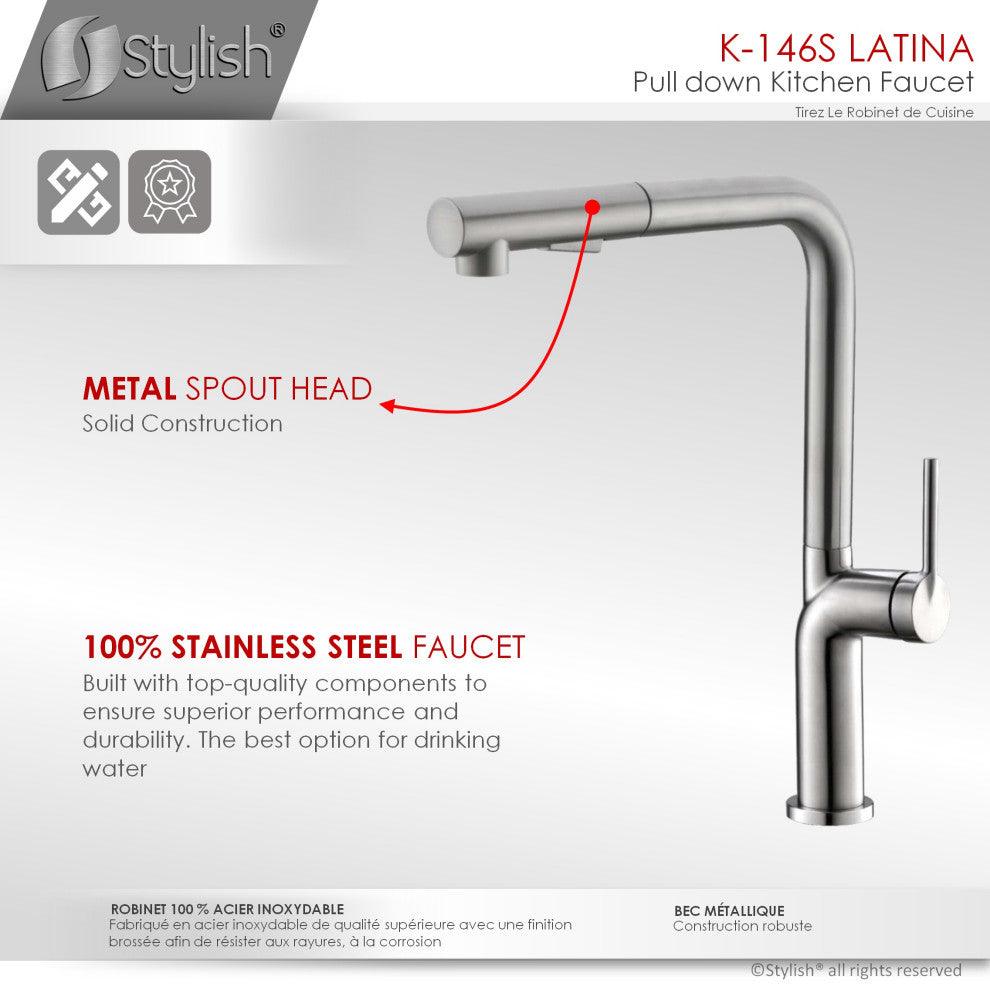 STYLISH Kitchen Sink Faucet Single Handle Pull Down Dual Mode Stainless Steel