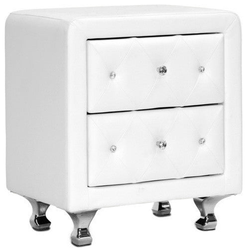 Baxton Studio Stella Crystal Tufted White Upholstered Modern Nightstand