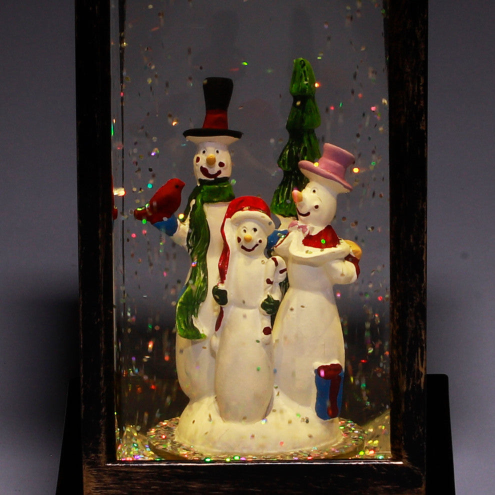 11"H Indoor Lantern Snowman Snow Globe Holiday Decoration with LED Light, Bronze