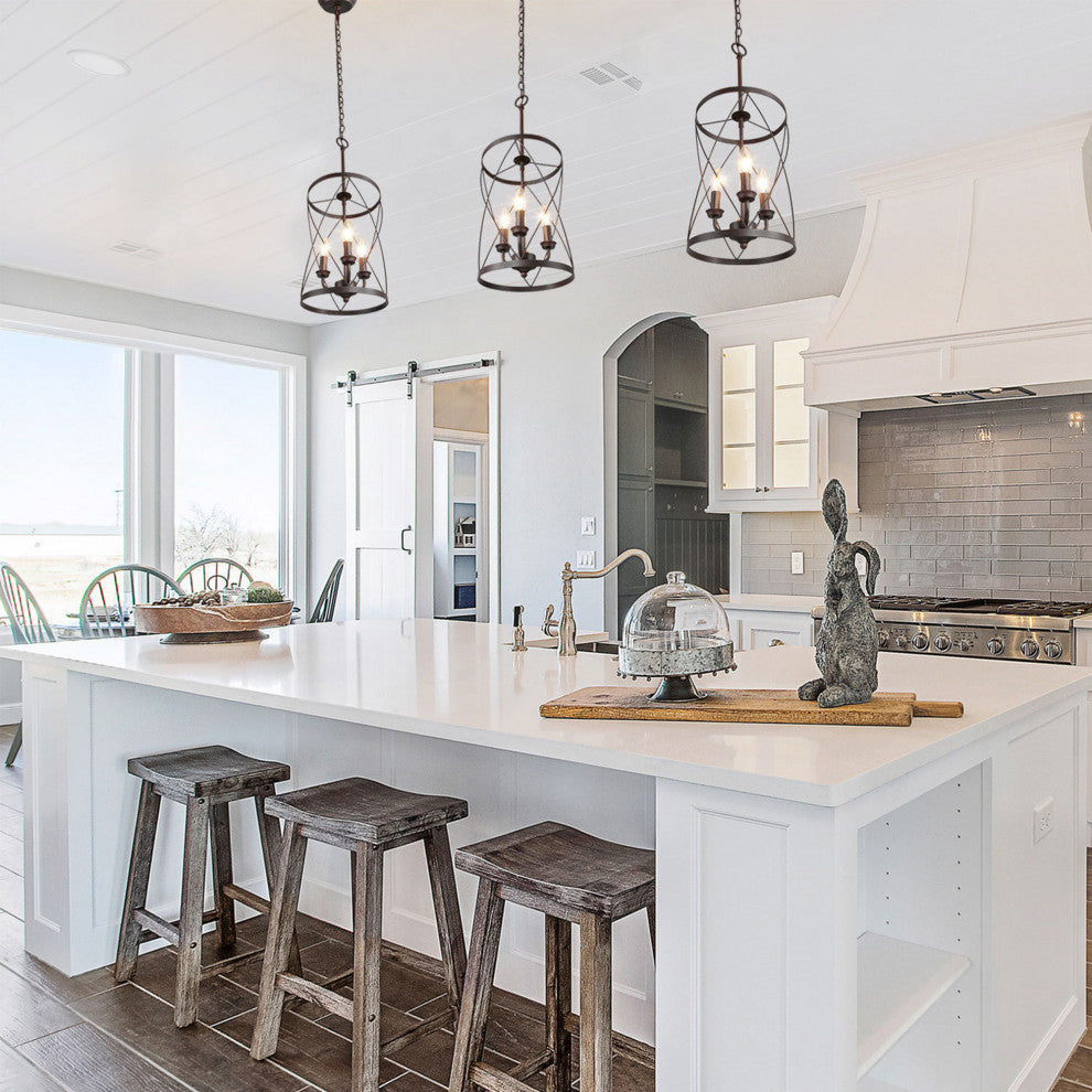 3-Light Farmhouse Chandelier, Metal Cage Foyer Pendant Light