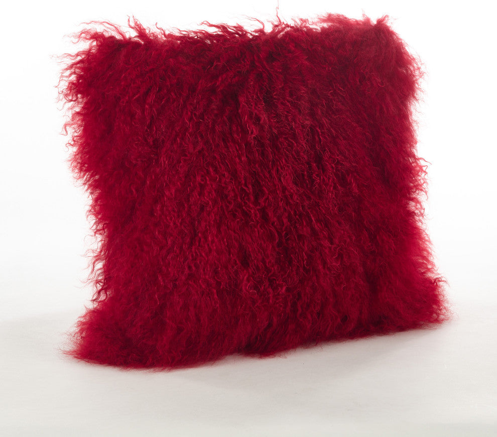 Mongolian Lamb Fur Poly Filled Throw Pillow, Red, 20"x20"