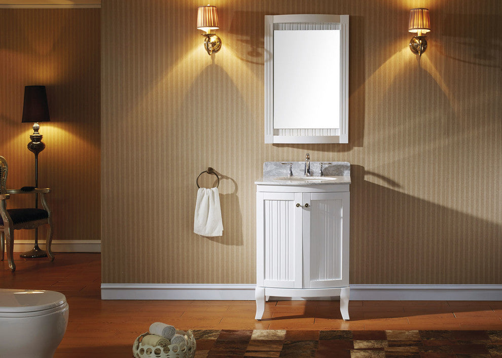 Virtu Khaleesi 24" Single Bathroom Vanity, White With Marble Top, With Mirror