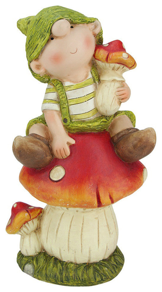 Young Boy Gnome Sitting on a Mushroom Spring Outdoor Garden Patio Figure, 11"