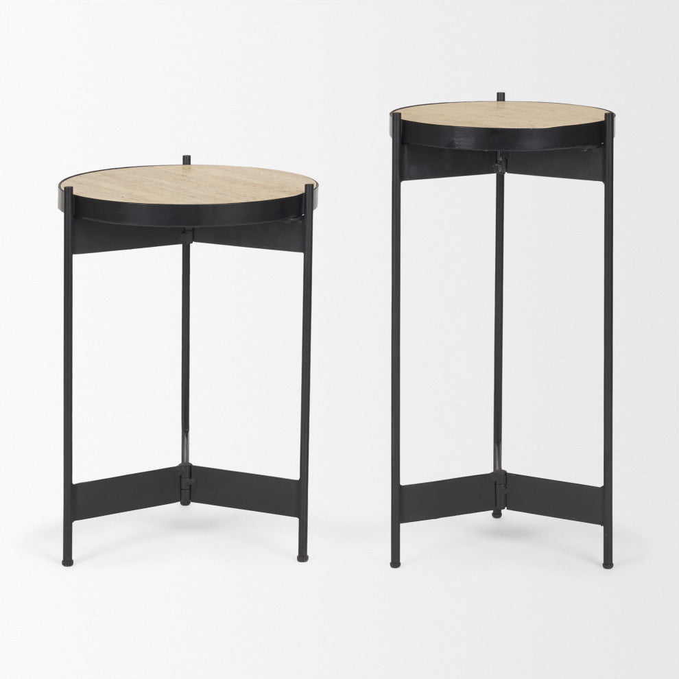 Wade Travertine Marble With Matte Black Metal End Tables