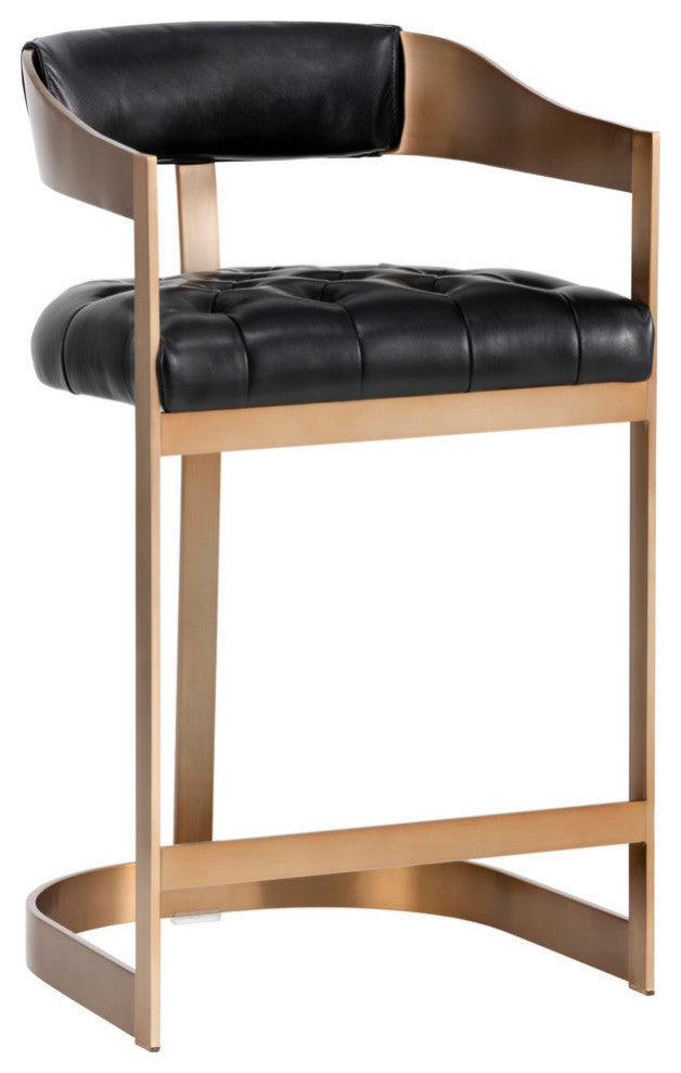 Beaumont Counter Stool, Antique Brass, Black Leather