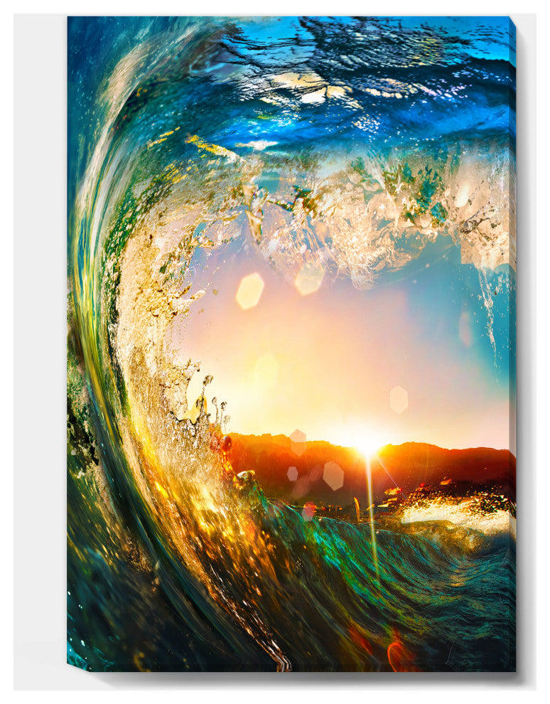 "Colored Ocean Waves Falling Down" Modern Seashore Canvas Art, 20"x40"