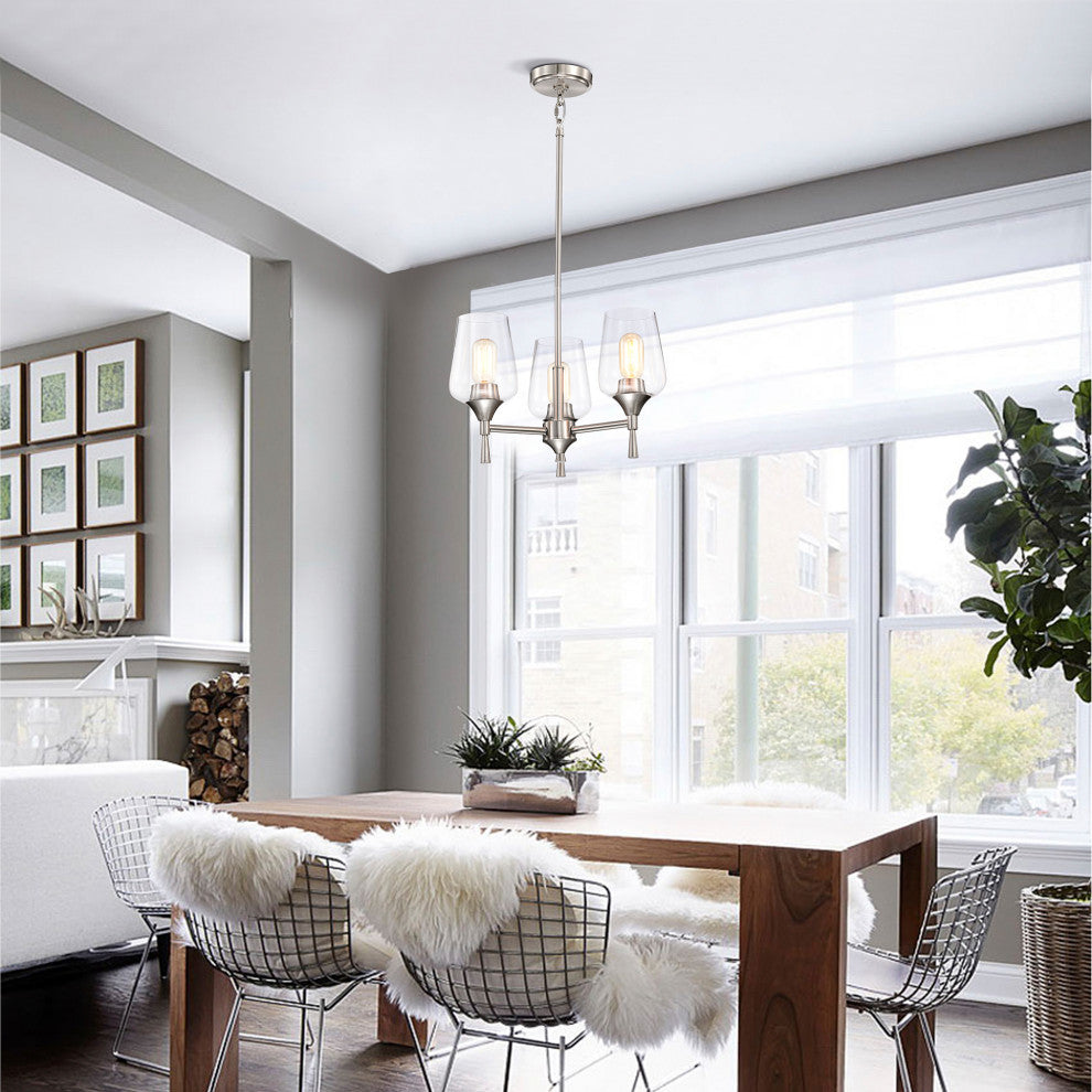 3-Light Brushed Nickel Modern Chandelier With Clear Glass Shades