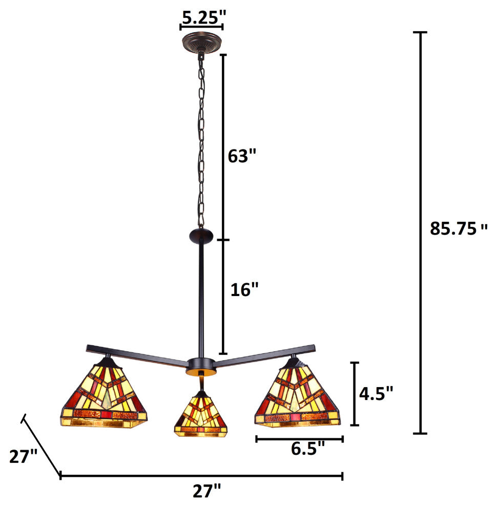 Vincent Mission Tiffany-Style 3 Light Chandelier 27" Wide
