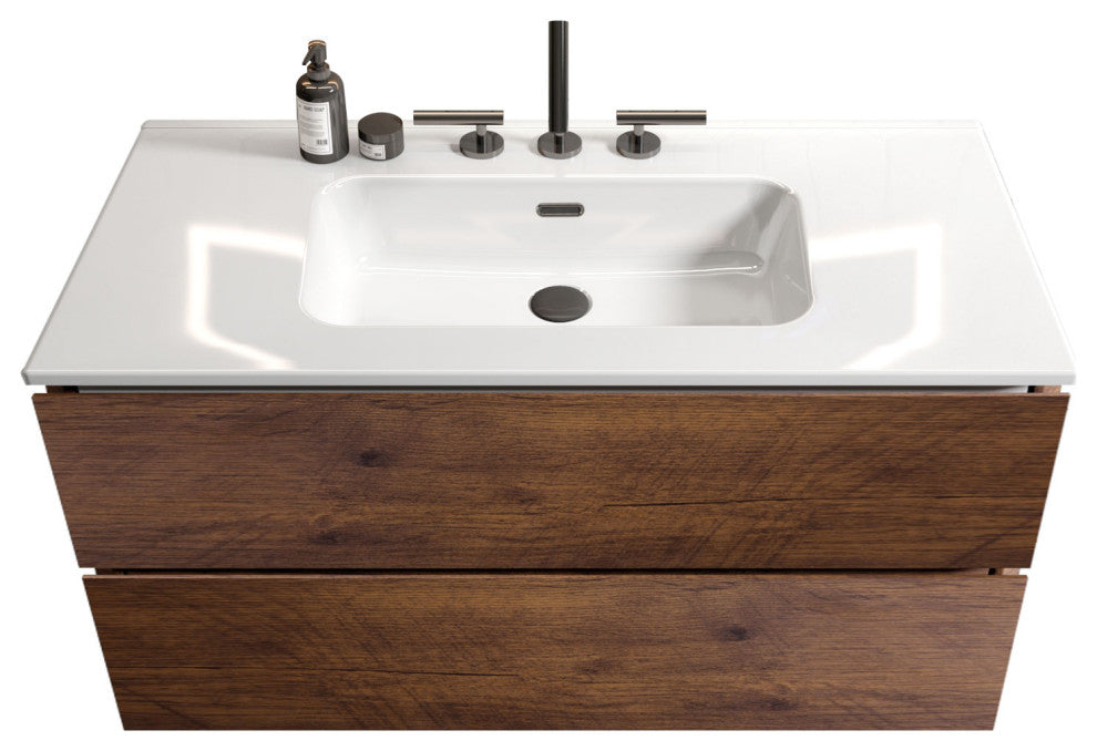 Wall-Mounted Bathroom Vanity Set with Ceramic Sink, Walnut, 36"