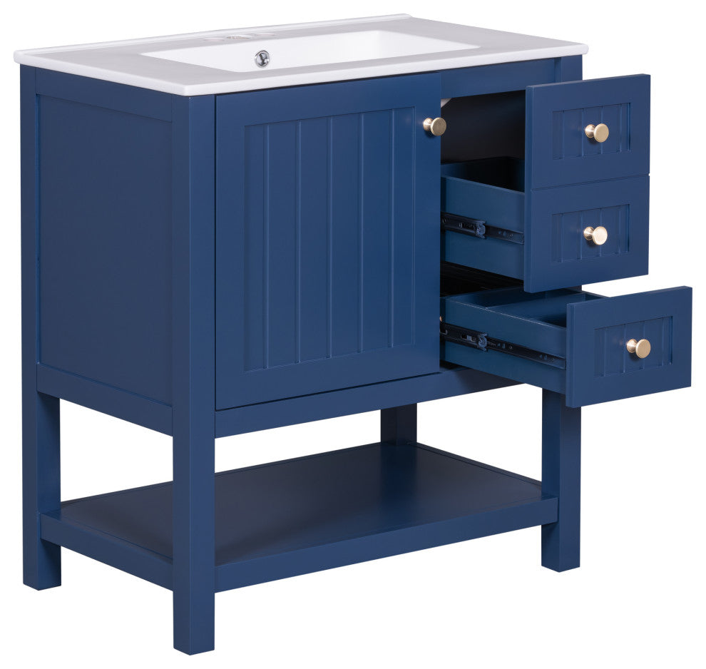 30 Inch Transitional Style Bathroom Vanity Cabinet Combo with Ceramic Sink, Blue