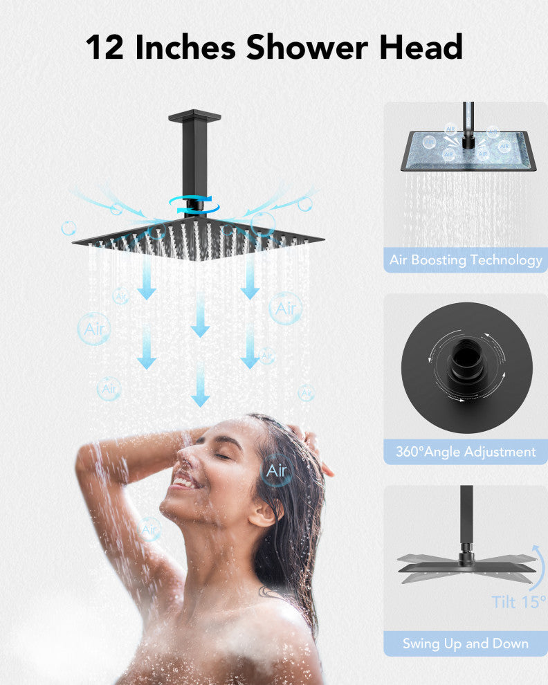 Digital Shower System 12" Rainfall Shower Head With 6 Body Jets, Matte Black