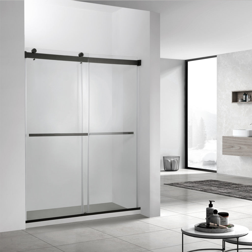 Spezia Double Sliding Frameless Shower Door, Matt Black, 56" W X 76" H