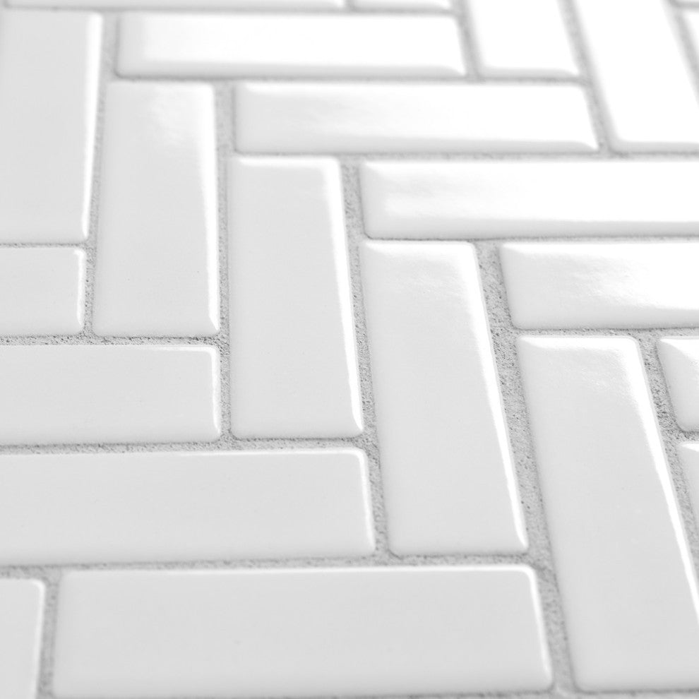 Metro Brick Herringbone Glossy White Porcelain Floor and Wall Tile